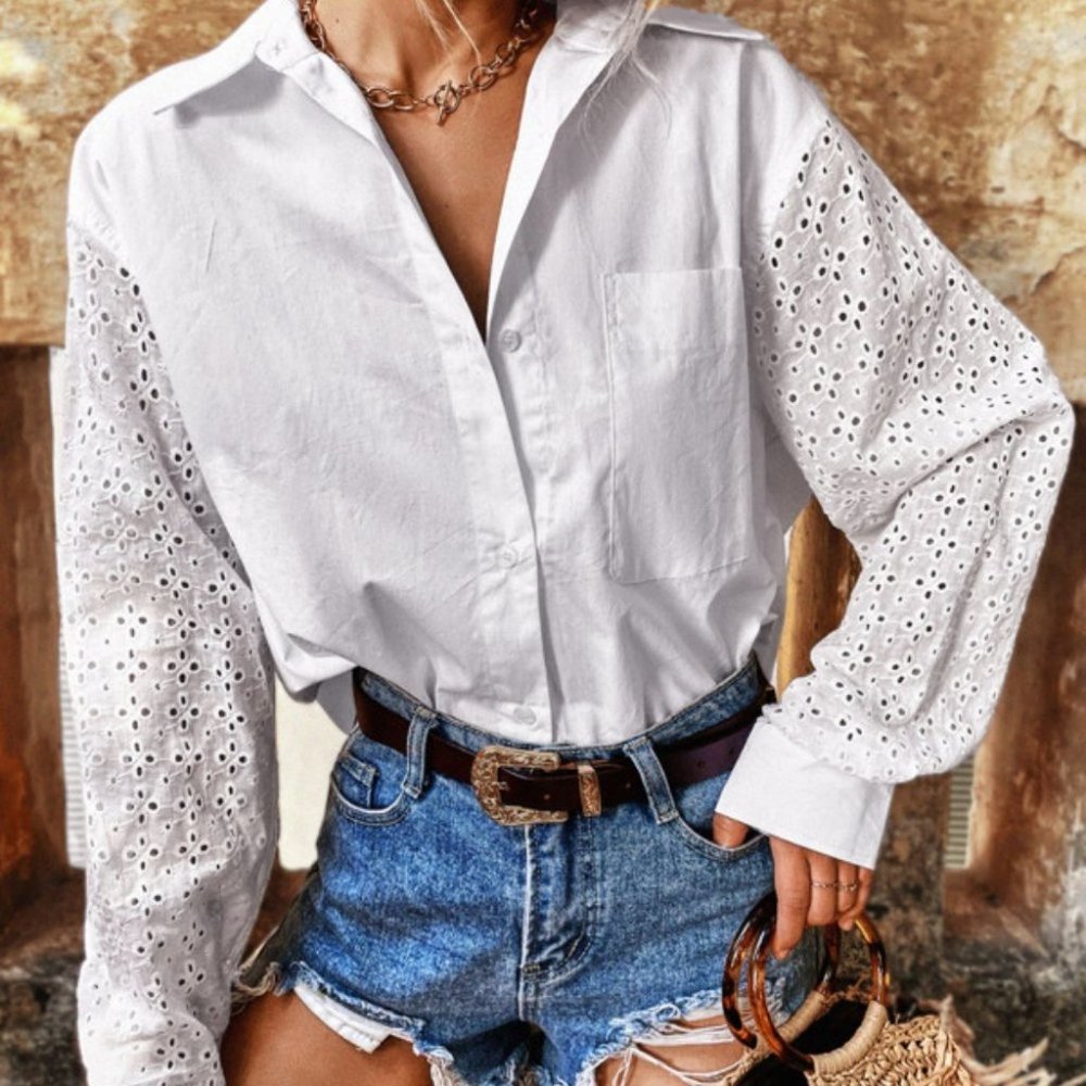 Eyelet Embroidery Drop Shoulder Patched Pocket Blouse - Picture 2 of 5